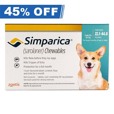 Simparica Chewables 40mg For Medium Dogs 10-20kg (22 to 44lbs) Blue